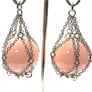 Rose Quartz Ear Hangers 14g-00g PAIR Chained Sphere Crystal gemstone stainless mesh net unisex **For Gauged Ears** (small)