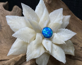 Blue Synthetic Opal Lotus Brooch, Alligator Gar Scale Pin w/ Butterfly Clutch