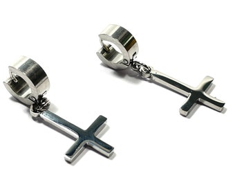 Inverted Cross Huggies Stainless Steel Minimalist Hoop Earring PAIR Earlobe Cartilage Helix Alternative Metal Goth Vamp Satanic Pope's Cross