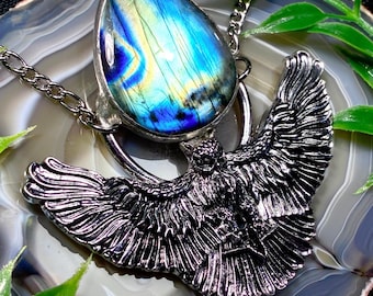 Blue Labradorite Owl Necklace w/ stainless steel chain