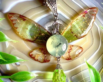 Green Prehnite Absinthe Fairy Necklace, Resin Insect Wing Pendant
