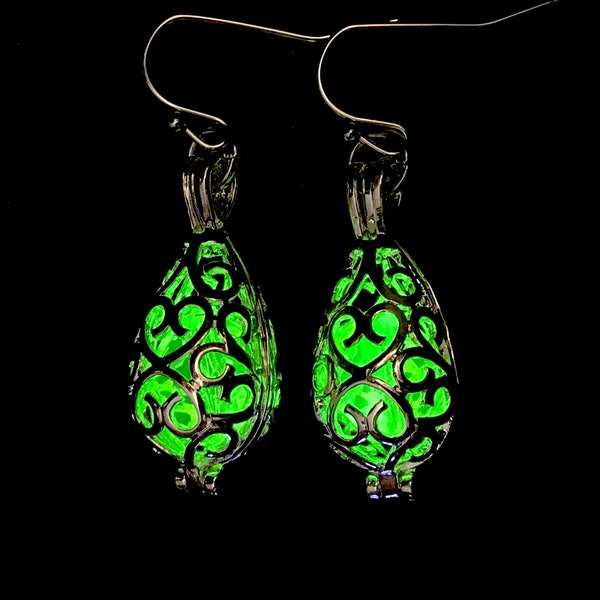 Uranium Teardrop Earrings Filigree Fluorescent UV Vaseline Glass teardrop lace victorian style night club music festival rave jewelry