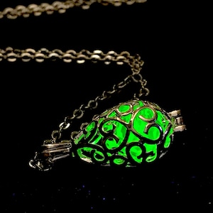 Uranium Teardrop Necklace Filigree Fluorescent Vaseline Glass UV Reactive Pendant Victorian Lace Locket Ladies Gift Jewelry Silver or Gold