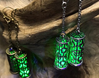 Uranium Glass Geometric Lantern Earrings, UV Reactive, Silver or Bronze