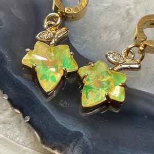 Yellow Crystal Leaf Huggies Golden Stainless Steel Minimalist Hoop Earring PAIR Yellow Opal Faceted Ivy Maple Leaf Earlobe Cartilage