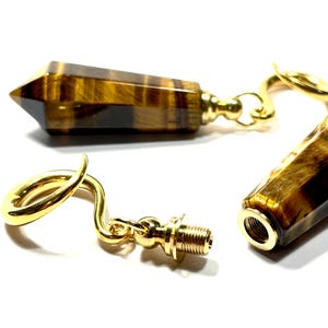 Tiger Eye Ear Hangers 6g-00g PAIR Faceted Crystal Point Stash Weights Empty Perfume Oil Cremation Urn Pill Bottle Gemstone**For Gauged Ears*
