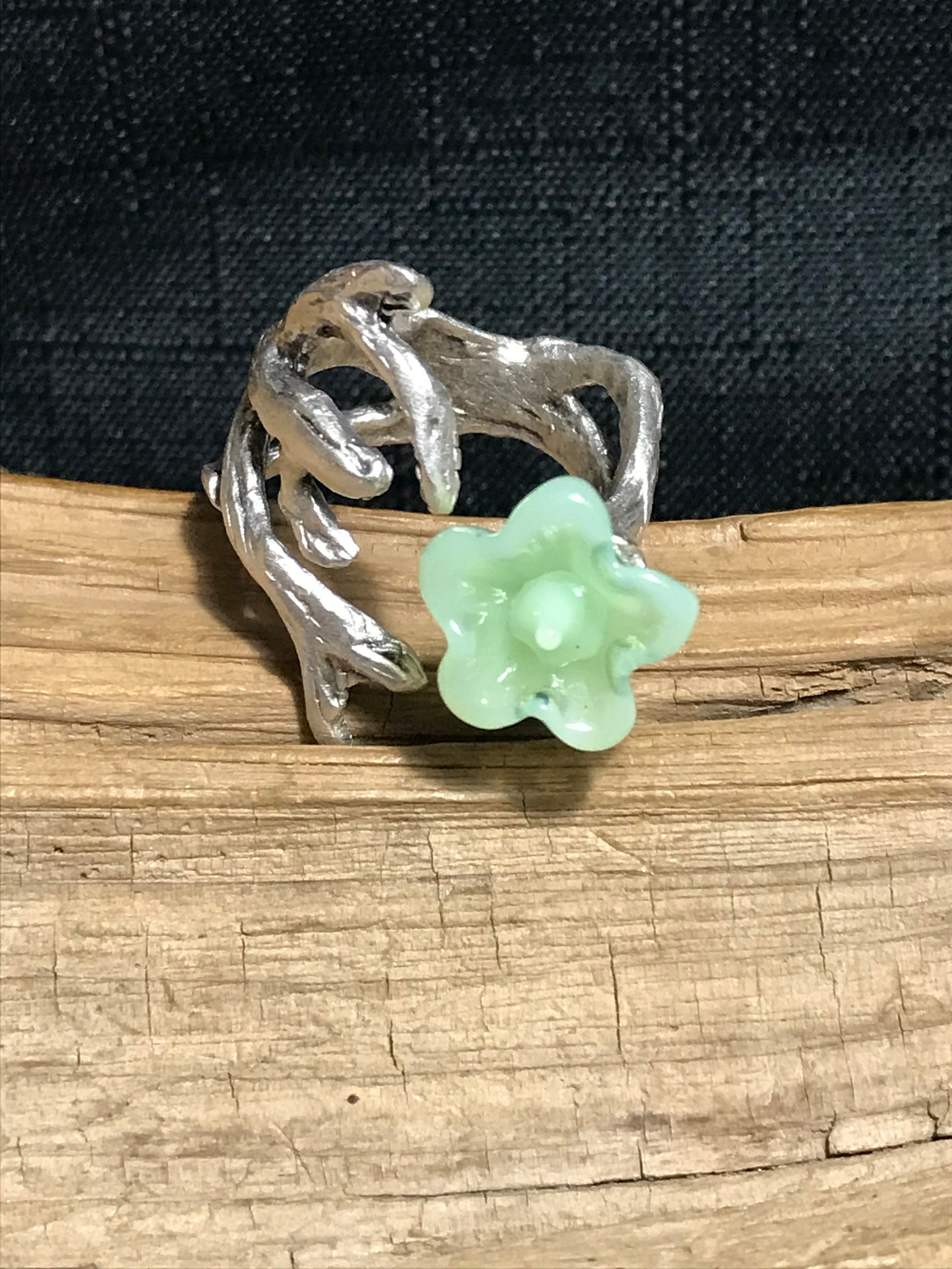 Floral Uranium Lime Jadeite glass tree branch Adjustable ring Etsy