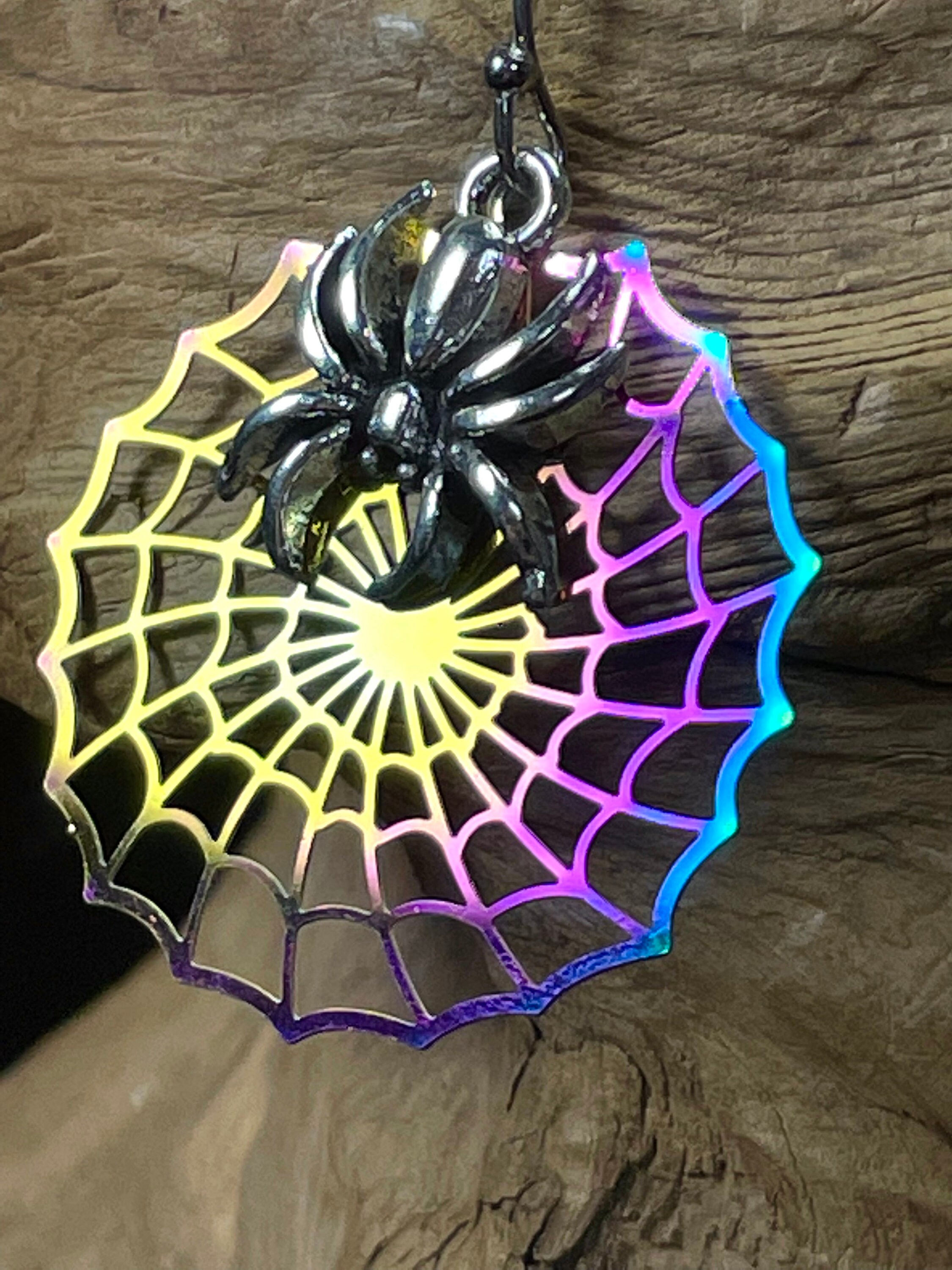 Boucles D'oreilles Argentées Toile Avec Araignée Et Tête De Mort - 33x31 Mm, Neuf Sans Emballage
