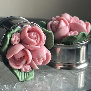 May include: Two silver-colored ear gauges with pink rose and green leaf designs. The roses are clustered together, and the leaves are a vibrant green. The gauges have a polished, metallic finish.