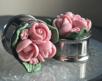 Rosa Porzellan-Ohrstecker mit Blumenmuster, 12-16 mm (1/2"-5/8"), Vintage-Stil, Edelstahl-Tunnel