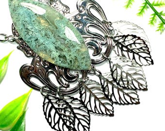 Leafy Moss Agate Pendant, Adjustable Length