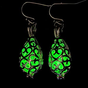 Uranium Glass Teardrop Earrings UV Reactive Filigree Dangles