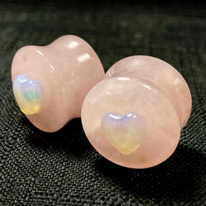 Rose Quartz & Opalite Heart Plugs 5/8” 16.25mm Solid Natural Gemstone Double Flare Gauges