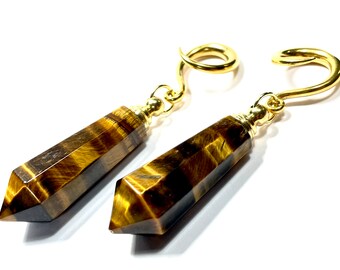 6g-00g Tiger Eye Ear Weights PAIR Faceted Crystal Point Stash Hangers - Multiple Sizes available! Empty Perfume Oil Pill Bottle Gemstone