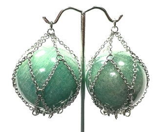 16g-00g Amazonite Spherical Chained Ear Weight PAIR Natural gemstone stainless mesh net unisex alternative fashion gauges size 4mm-10mm