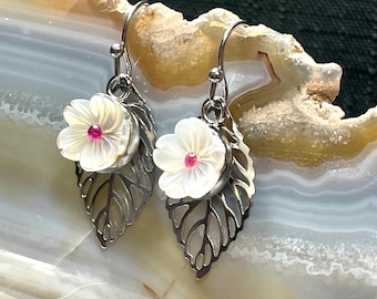 Cherry Blossom Earrings With Mother of Pearl & Synthetic Ruby