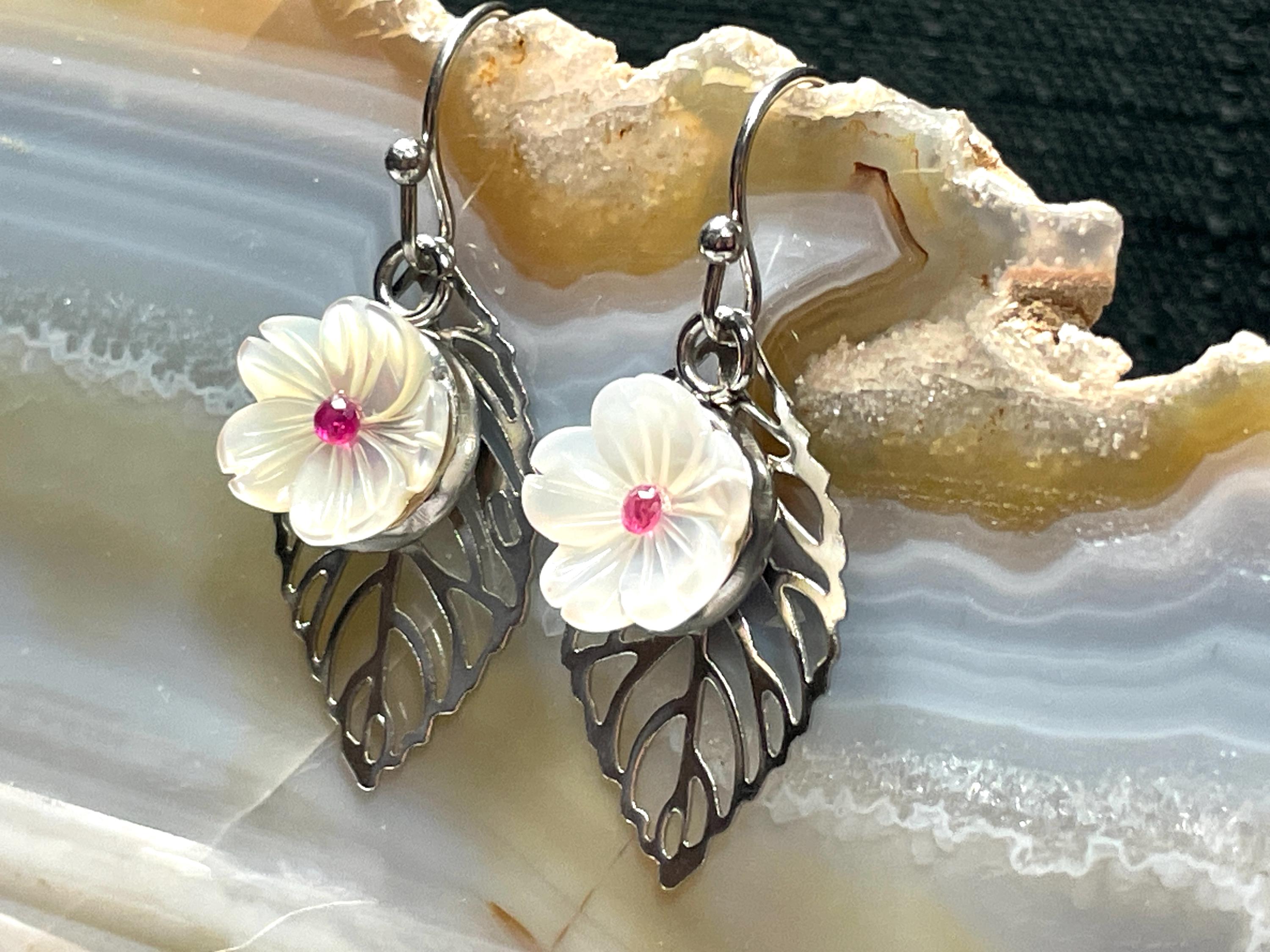 Cherry Blossom Earrings With Mother of Pearl & Synthetic Ruby
