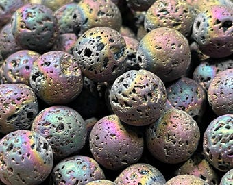 150 cuentas de lava arcoíris, 10-11 mm, redondas, galvanizadas, piedra porosa natural.