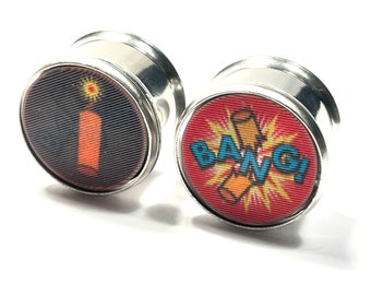 11/16" Lenticular Dynamite Plugs PAIR 18mm Stainless Screw Back Ear Tunnels Retro Vintage Holographic Cartoon TNT Explosive Moving Image