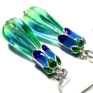 Uranium Glass Lily Drop Earrings UV reactive Floral Emerald Green & Sapphire Blue Spring Flower Fluorescent Vaseline Glass Dangle Earrings