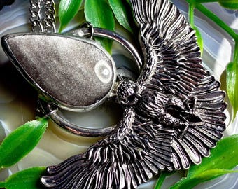 Silver Sheen Obsidian Owl Necklace w/ stainless steel chain