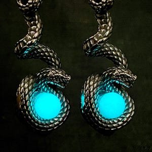 Glowing Teal Serpent Ear Hangers 14g-00g PAIR GLOW in the DARK Stainless Snake Weights Multiple Size Unisex Goth Reptile **For Gauged Ears**