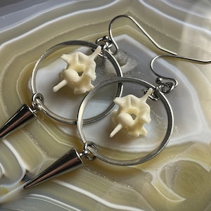 May include: A pair of silver hoop earrings with a white bone-like pendant hanging from each hoop. The pendants are shaped like a vertebrae.