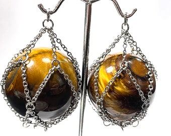 16g-00g Gold Tigereye Spherical Chained Ear Weight PAIR Natural gemstone stainless mesh net unisex alternative fashion gauges size 4mm-10mm