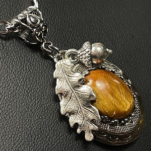 Peut inclure: Un collier avec un pendentif en argent orné d'une pierre œil de tigre brune, d'un charme en forme de gland et d'un charme en forme de feuille de chêne.