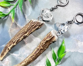 Antler & Quartz Crystal Ear Hangers 14g-00g Natural Gemstone Ear Weights