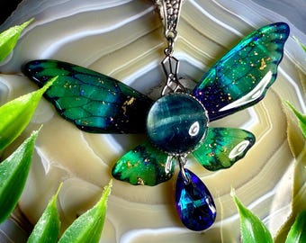 Teal Fluorite Fairy Necklace, Resin Insect Wing w/ Stainless Chain