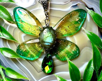 Green Labradorite Absinthe Fairy Necklace, Resin Insect Wing Pendant