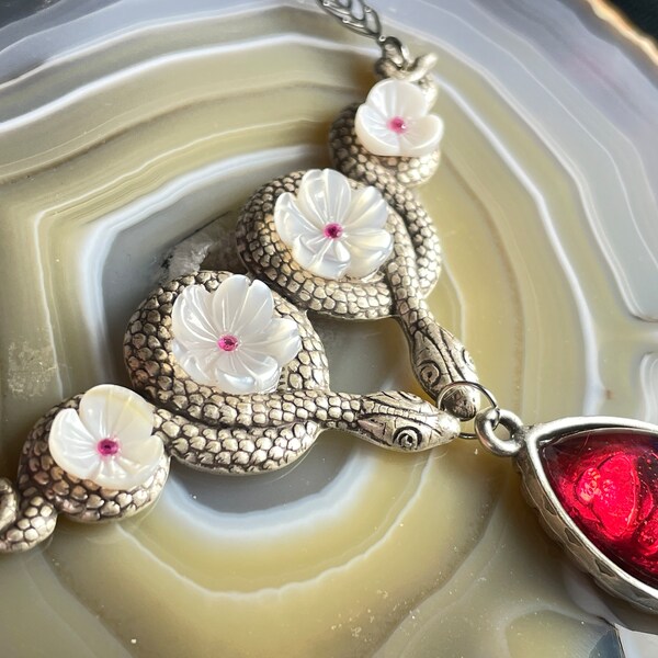 Sakura Serpent Necklace Mother of Pearl Cherry Blossom Snakes with Synthetic ruby and faceted glass pink red floral Dragons Breath Opal