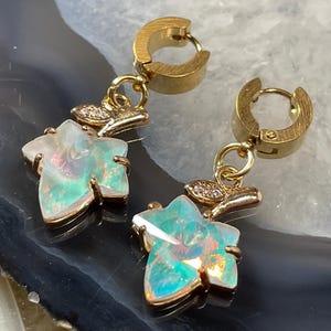 Opalescent Crystal Leaf Huggies Golden Stainless Steel Minimalist Hoop Earring PAIR White Opal Faceted Ivy Maple Leaf Earlobe Cartilage