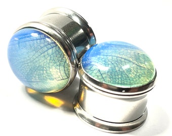5/8” (16mm) Dragonfly Wing Opal Plugs PAIR Stainless Screw Back Tunnels real wing preserved damselfly pond insect bug specimen ear gauges