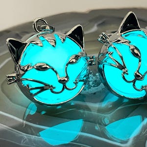 May include: Two silver cat-shaped pendants with black accents. The pendants have a glowing, turquoise-colored center. The cat's face is detailed with a nose, whiskers, and ears. The pendants are designed with a loop for hanging.