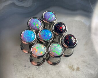 Stainless Steel Ear Gauges With Created Opal - Screw Back Ear Plugs