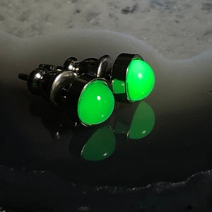 Uranium Glass Studs UV Reactive Fluorescent Minimalist Chrysoprase Green or Yellow Unisex Simple Stainless Steel Tiny Post Earrings