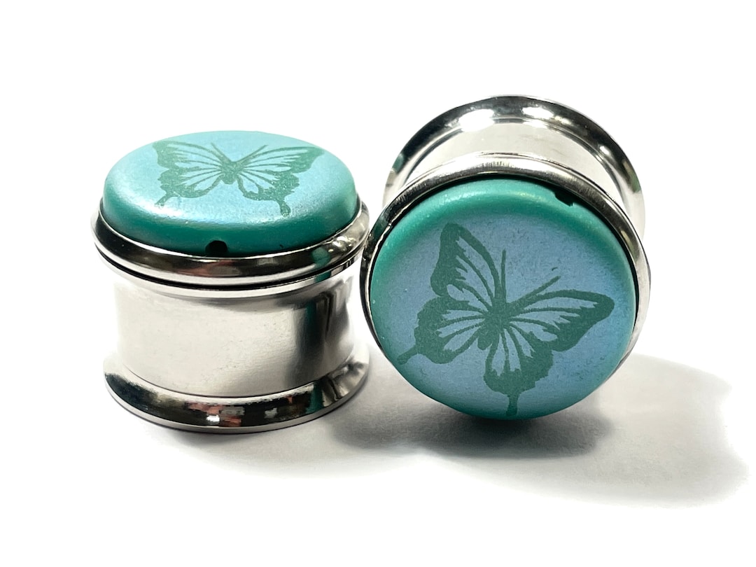 Turquoise Butterfly Plugs 5/8 16mm PAIR Glass Swallowtail Stainless