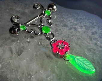 Uranium Glass + Synthetic Ruby Stirrup, SINGLE 14g Stainless Barbell