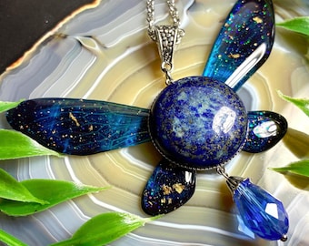 Blue Lapis Lazuli Fairy Necklace, Resin Insect Wing w/ Stainless Chain