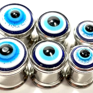 Evil Eye Plugs 0g-1/2&quot; (8-12mm) PAIR Blue Black White Stainless Screw Back Tunnel Plug Glitter Resin Good Luck Omen **For Gauged Ears**