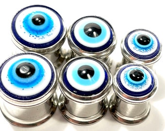 Evil Eye Plugs 0g-1/2" (8-12mm) PAIR Blue Black White Stainless Screw Back Tunnel Plug Glitter Resin Good Luck Omen **For Gauged Ears**