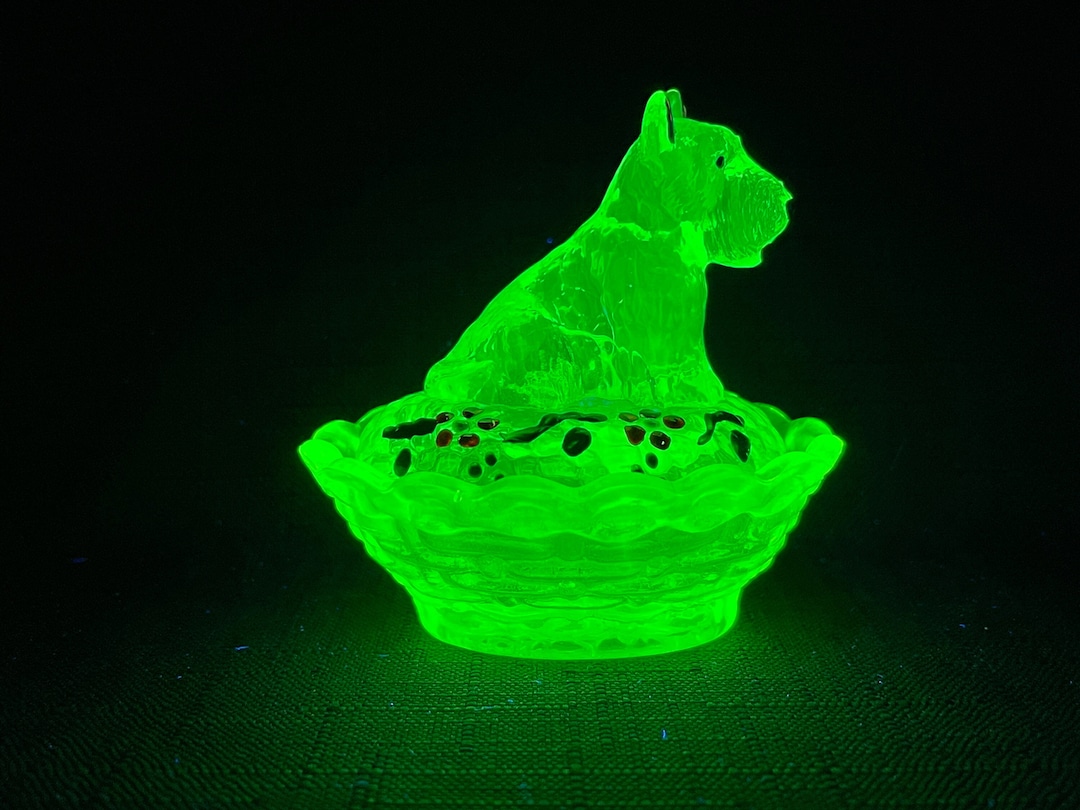 Uranium Glass Dog Salt Cellar Figurine Vintage Vaseline Art Etsy