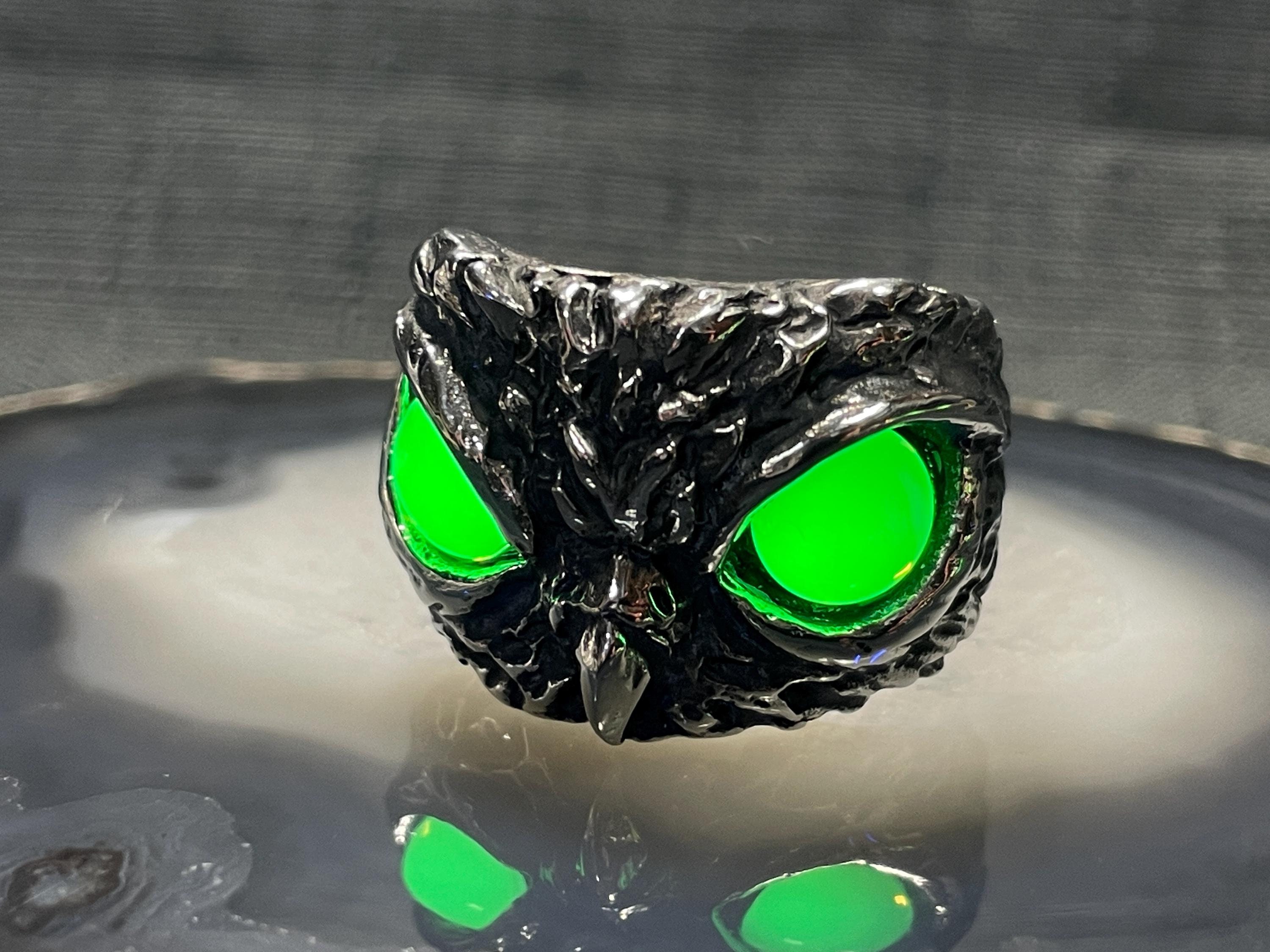 Uranium Glass Owl Ring Stainless Steel Antiqued Silver Bird of Prey Yellow Opal Bird of Prey Men's unisex wide band US sizes 9 through 13