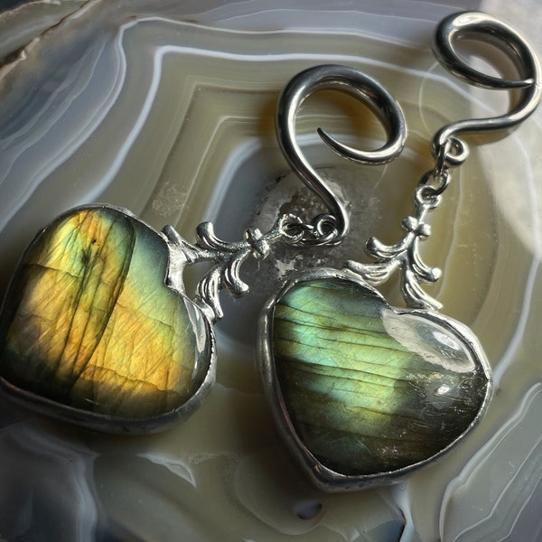 Labradorite Heart Weights 14g-00g PAIR Golden Yellow Green Spectrolite hangers with Stainless Steel Hooks Valentines Day **For Gauged Ears**