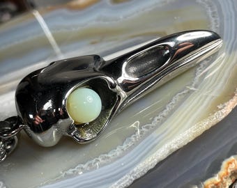 Uranium Glass Crow Skull Pendant, Stainless Steel, UV reactive
