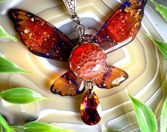 Red Agate Fairy Necklace, Resin Insect Wing w/ Stainless Chain