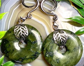 Natural Jade Ear Hangers 14g-00g PAIR Leafy Green Ear Weights