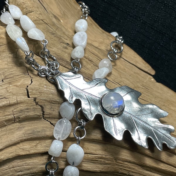 Rainbow Moonstone Oak Leaf Necklace Antiqued Silver Plated Brass Blue June Birthstone Oak Tree Nature Crystal Tumbled Gemstone Necklace